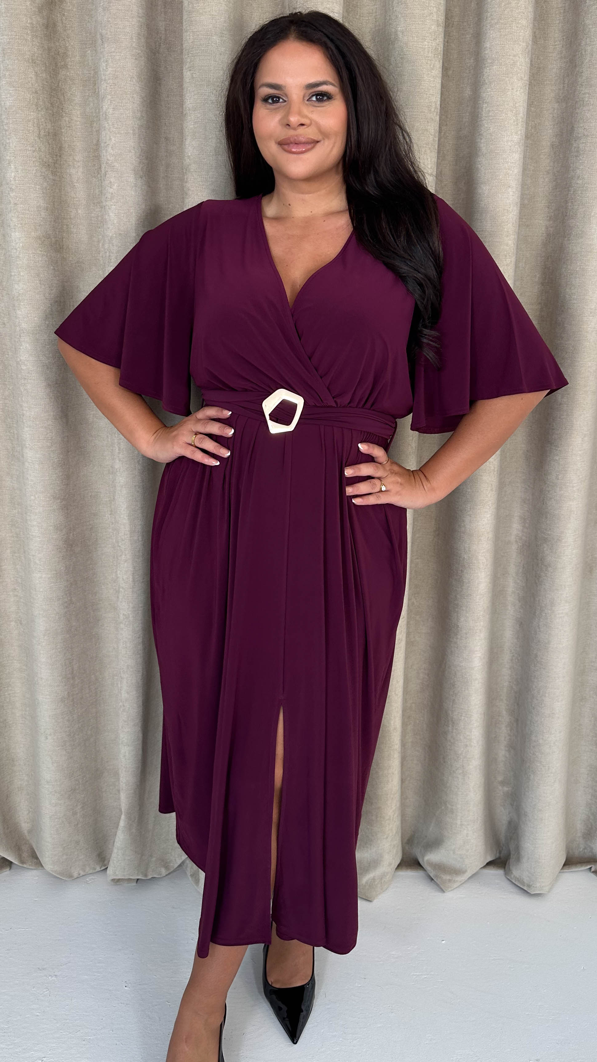 CurveWow Irregular Buckle Split Front Wrap Dress Plum