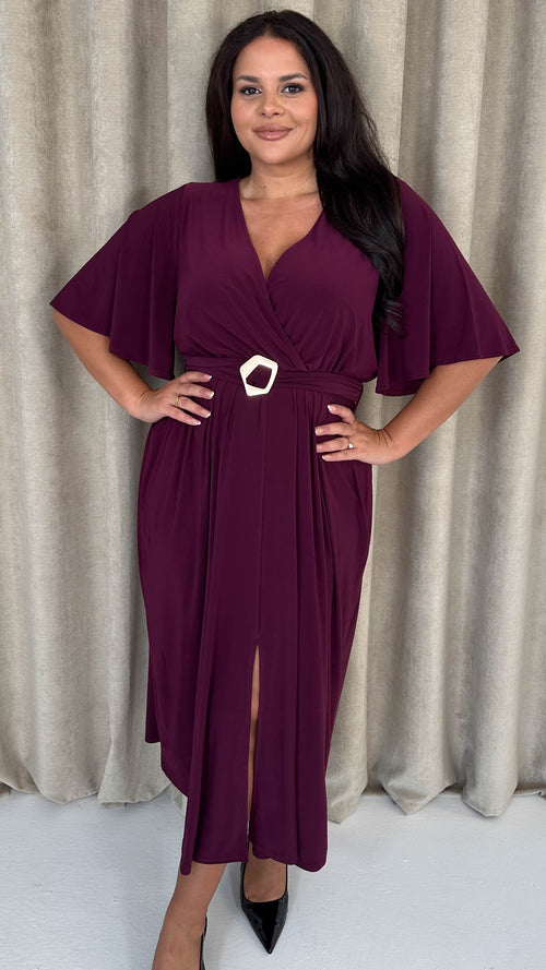 CurveWow Irregular Buckle Split Front Wrap Dress Plum