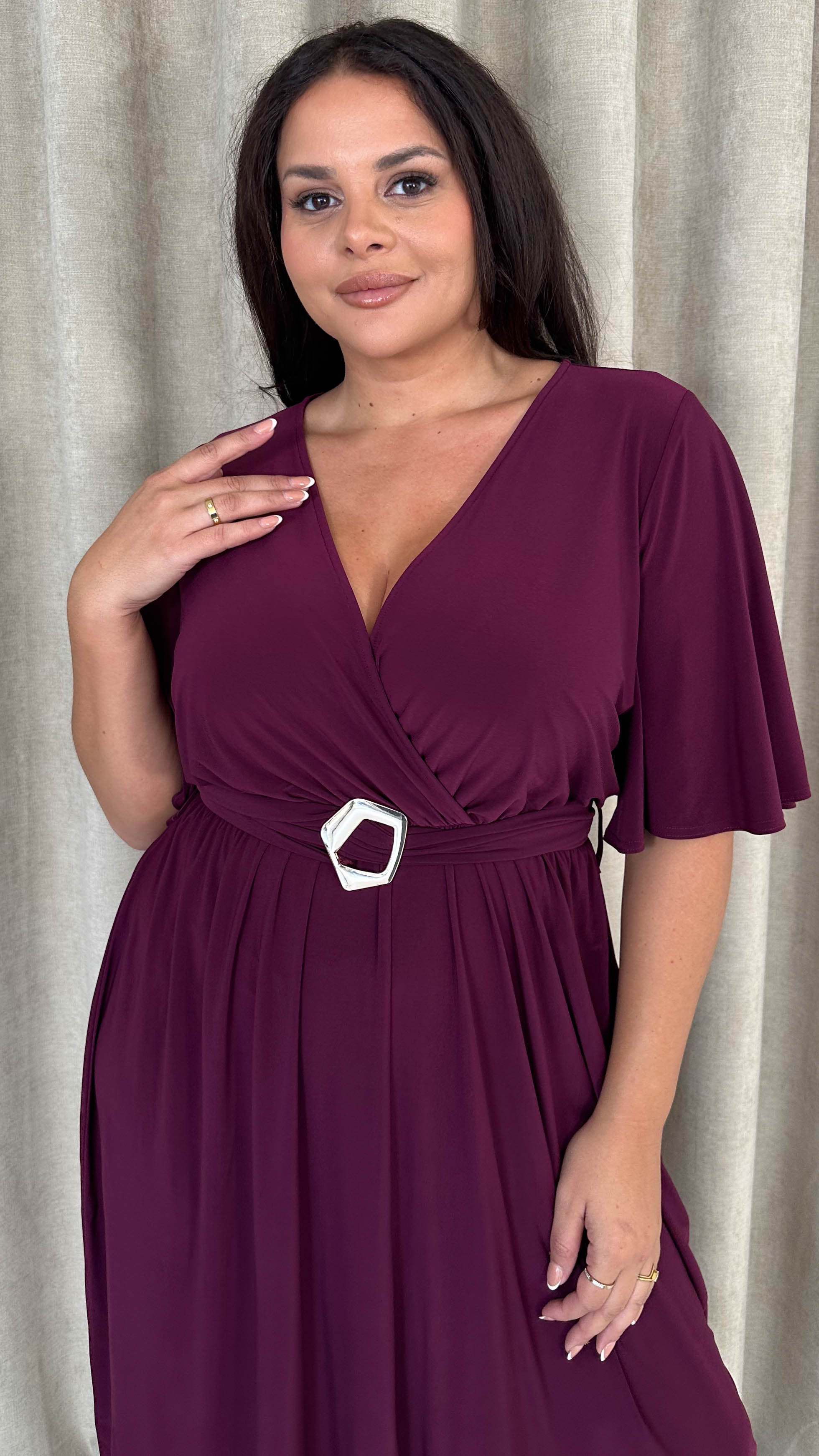 CurveWow Irregular Buckle Split Front Wrap Dress Plum