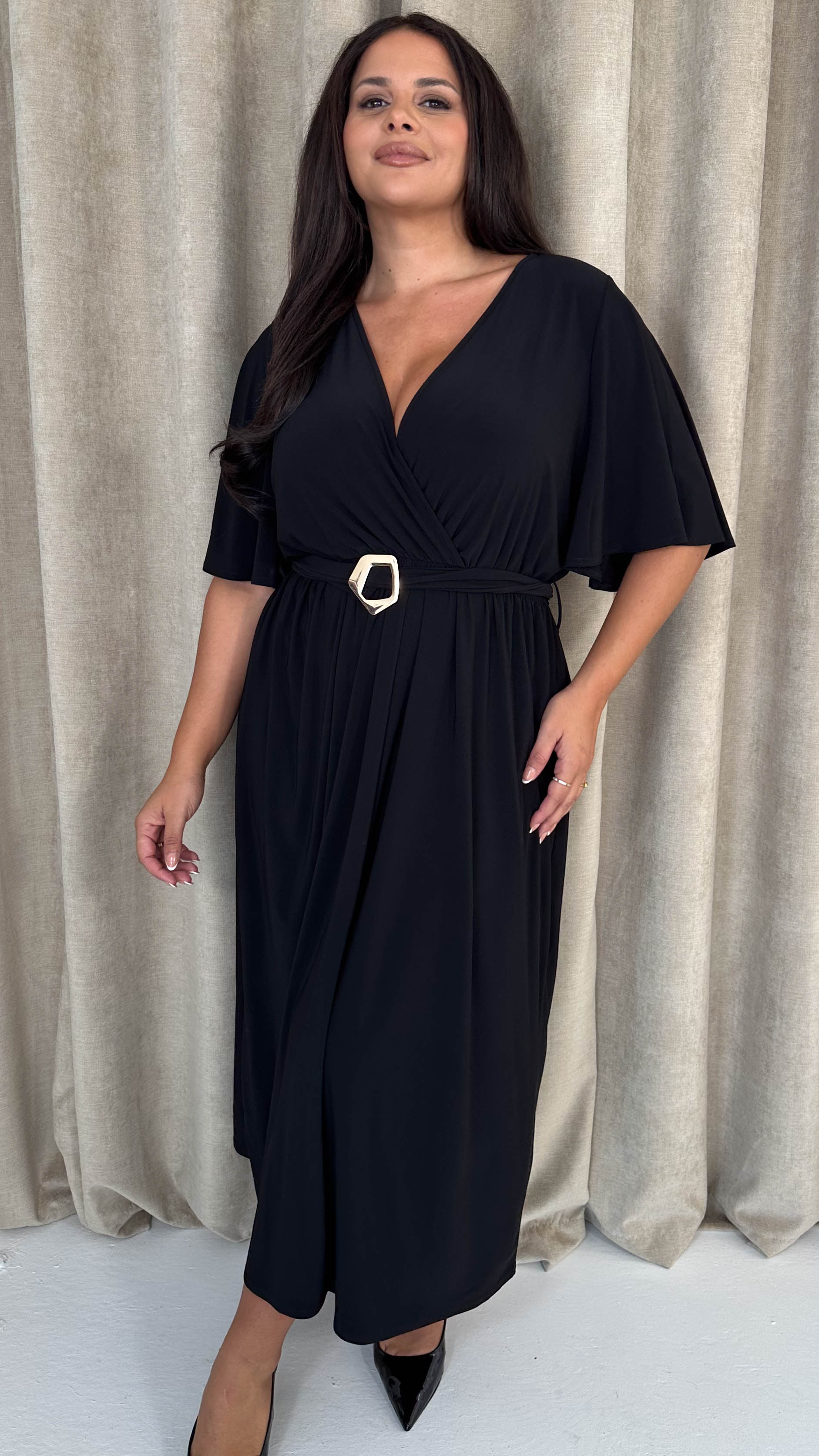 CurveWow Irregular Buckle Split Front Wrap Dress Black