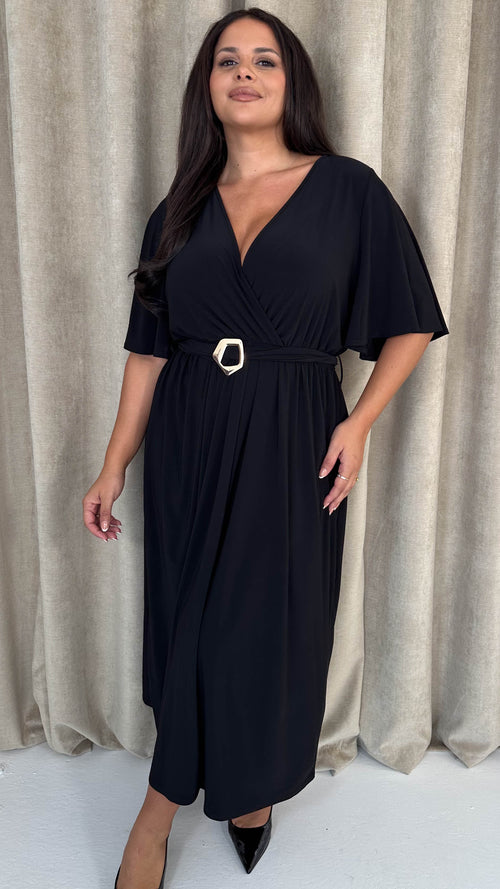 CurveWow Irregular Buckle Split Front Wrap Dress Black