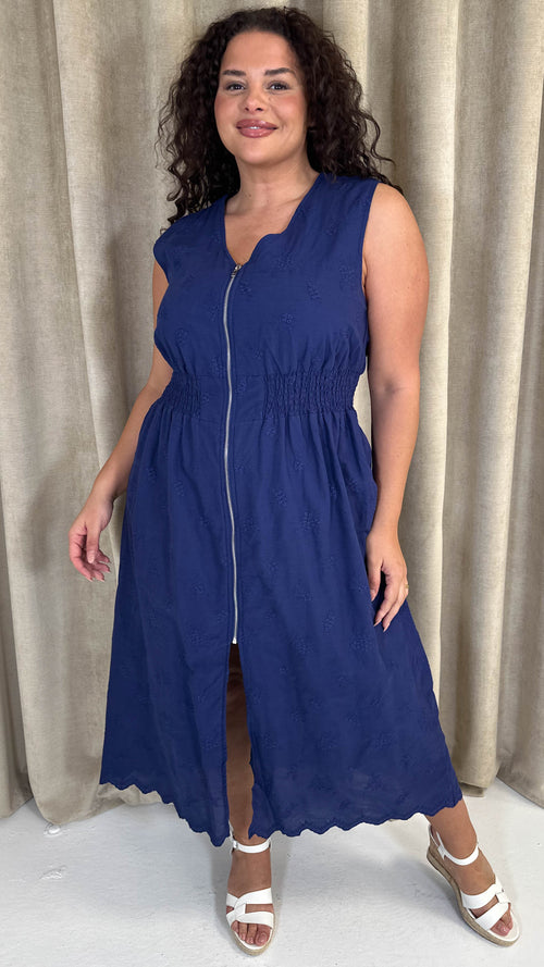 CurveWow Broderie Zip Front Dress Navy