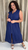 CurveWow Broderie Zip Front Dress Navy