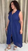 CurveWow Broderie Zip Front Dress Navy