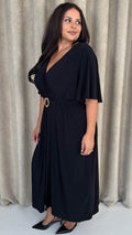 CurveWow Irregular Buckle Split Front Wrap Dress Black