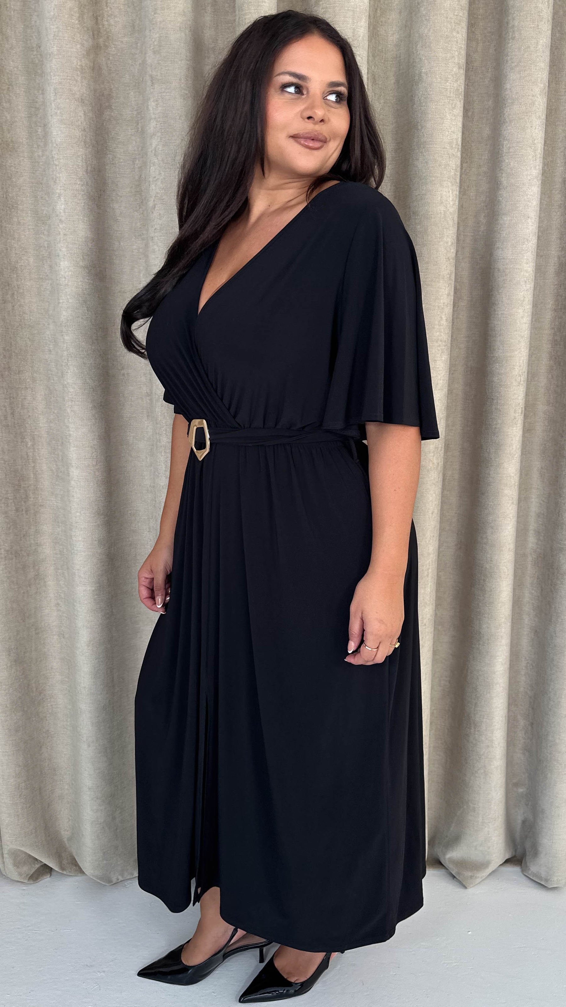 CurveWow Irregular Buckle Split Front Wrap Dress Black Curvewow CurveWow Irregular Buckle Split Front Wrap Dress Black Curvewow
