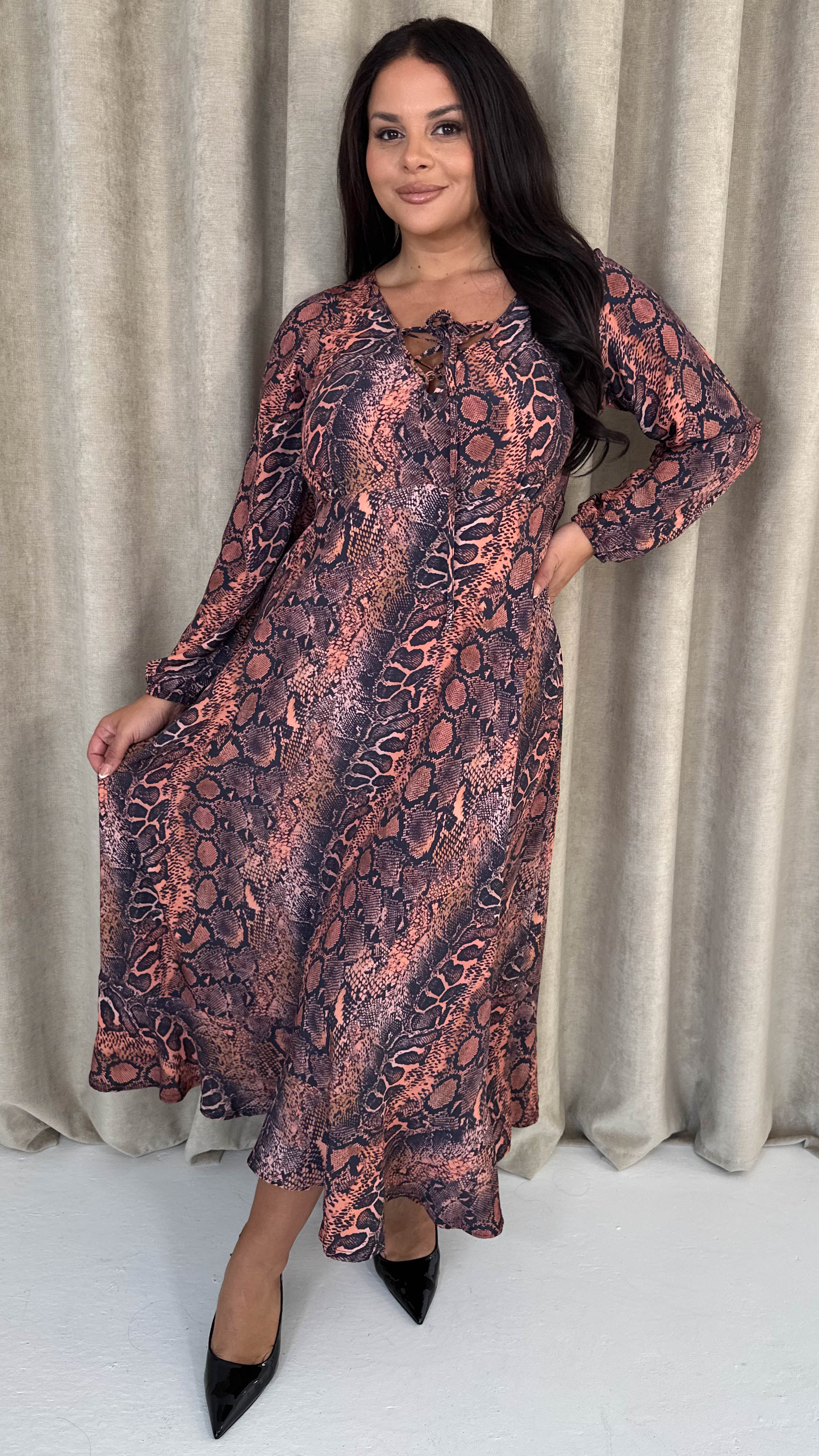 CurveWow Lace Front Frill Hem Midi Dress Snake