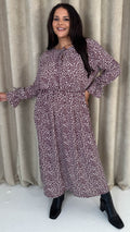CurveWow Tie Cuff Midaxi Dress Plum Animal