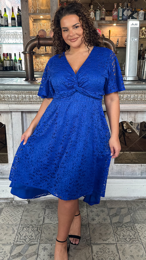 CurveWow Lace Dipped Hem Knot Front Dress Blue