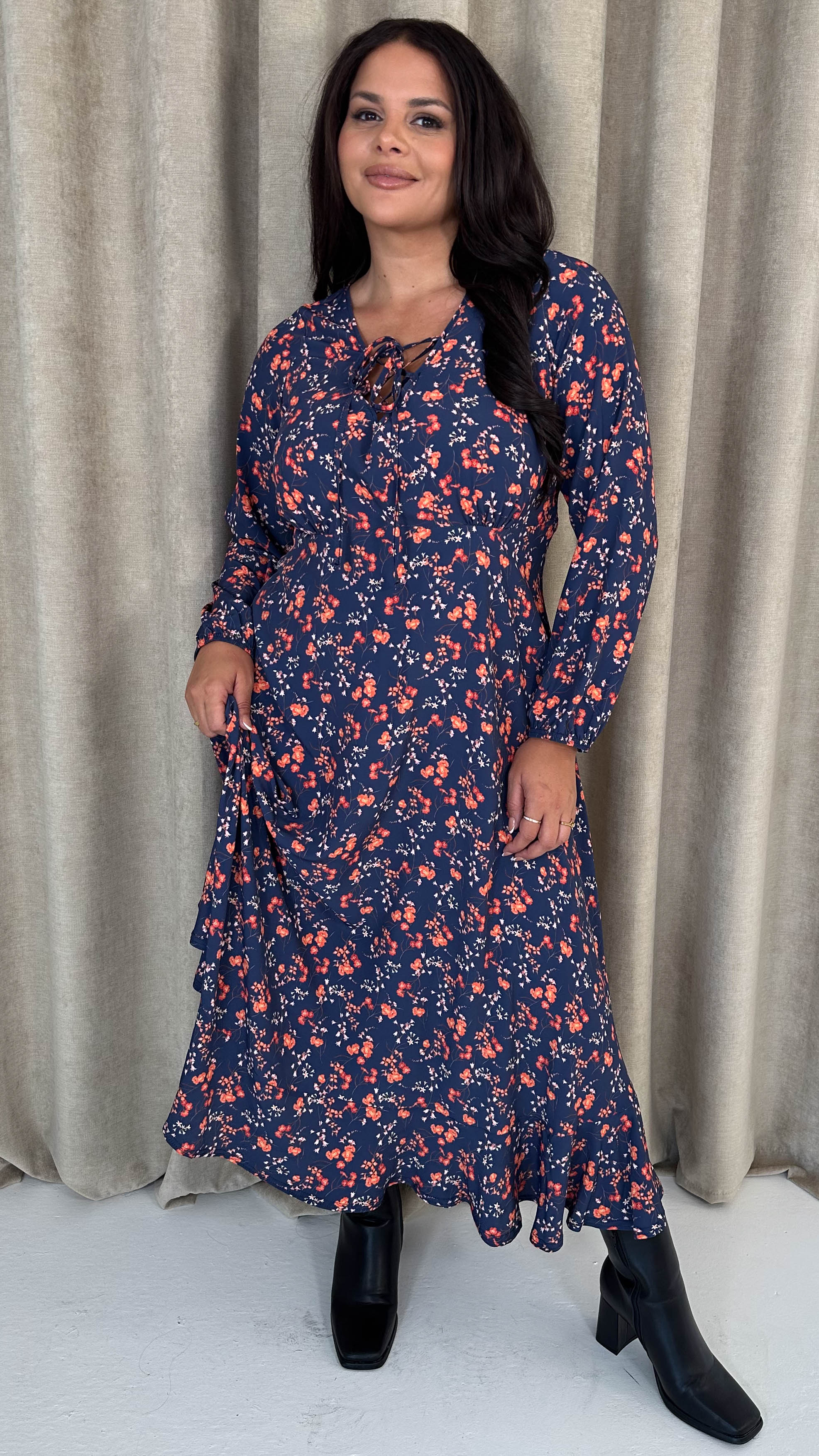 CurveWow Lace Front Frill Hem Midi Dress Navy Floral