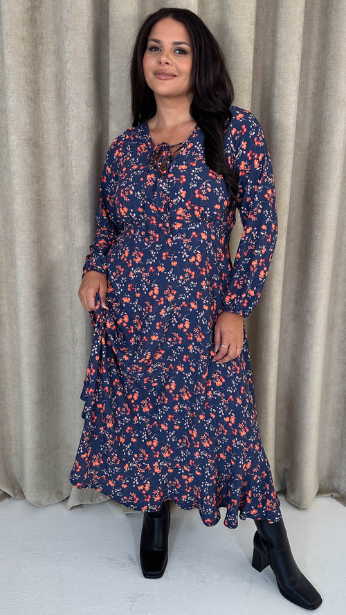 CurveWow Lace Front Frill Hem Midi Dress Navy Floral