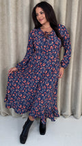 CurveWow Lace Front Frill Hem Midi Dress Navy Floral