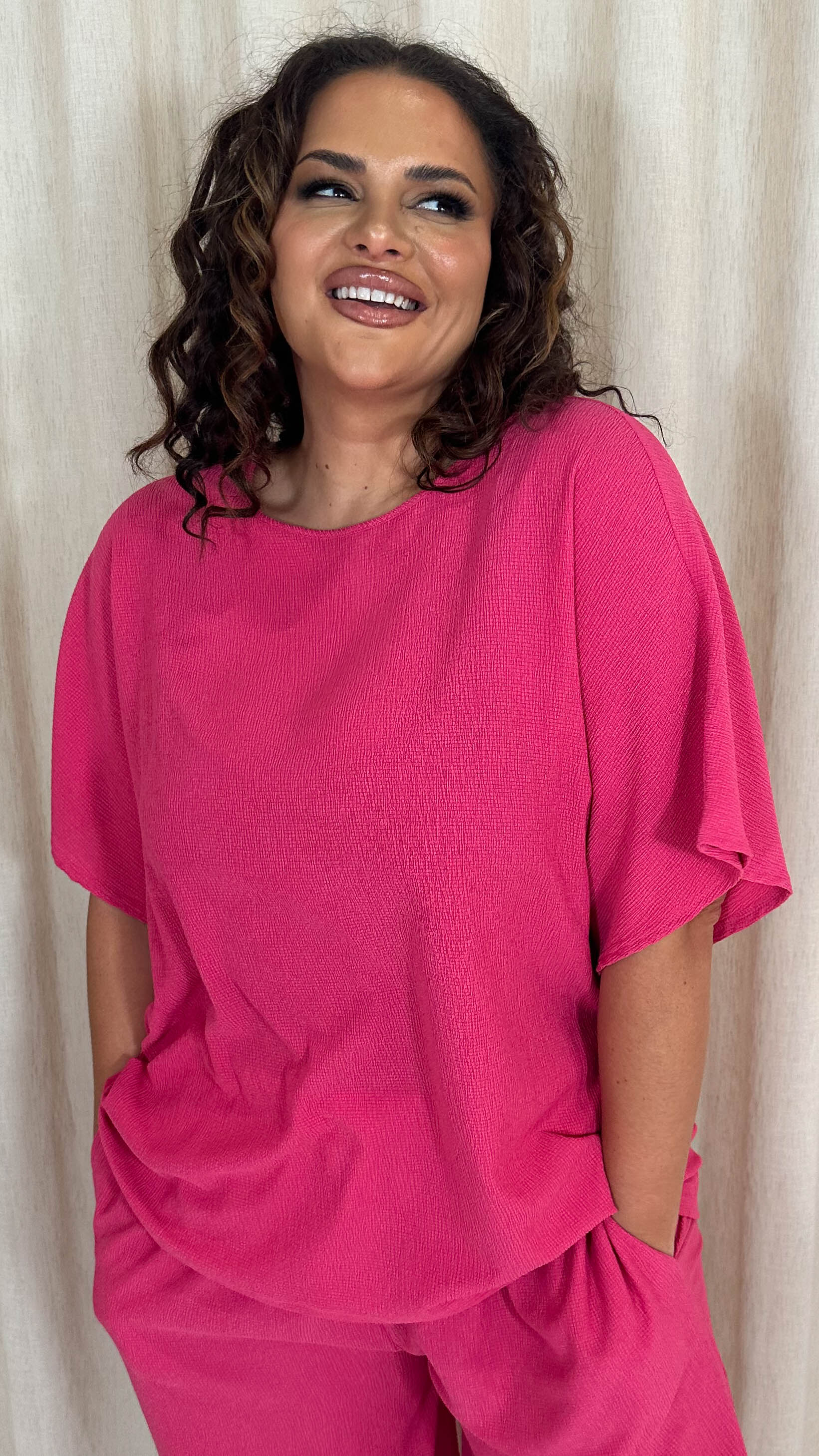 CurveWow Drop Shoulder Boxy T-Shirt Fuchsia Pink