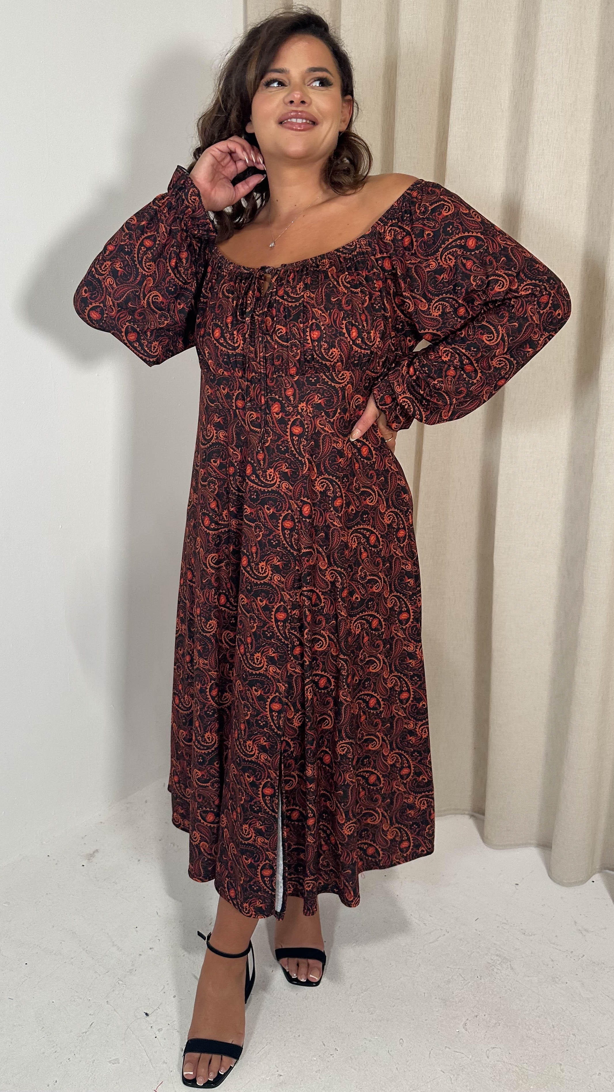 CurveWow Milkmaid Balloon Sleeve Midi Dress Rust Paisley