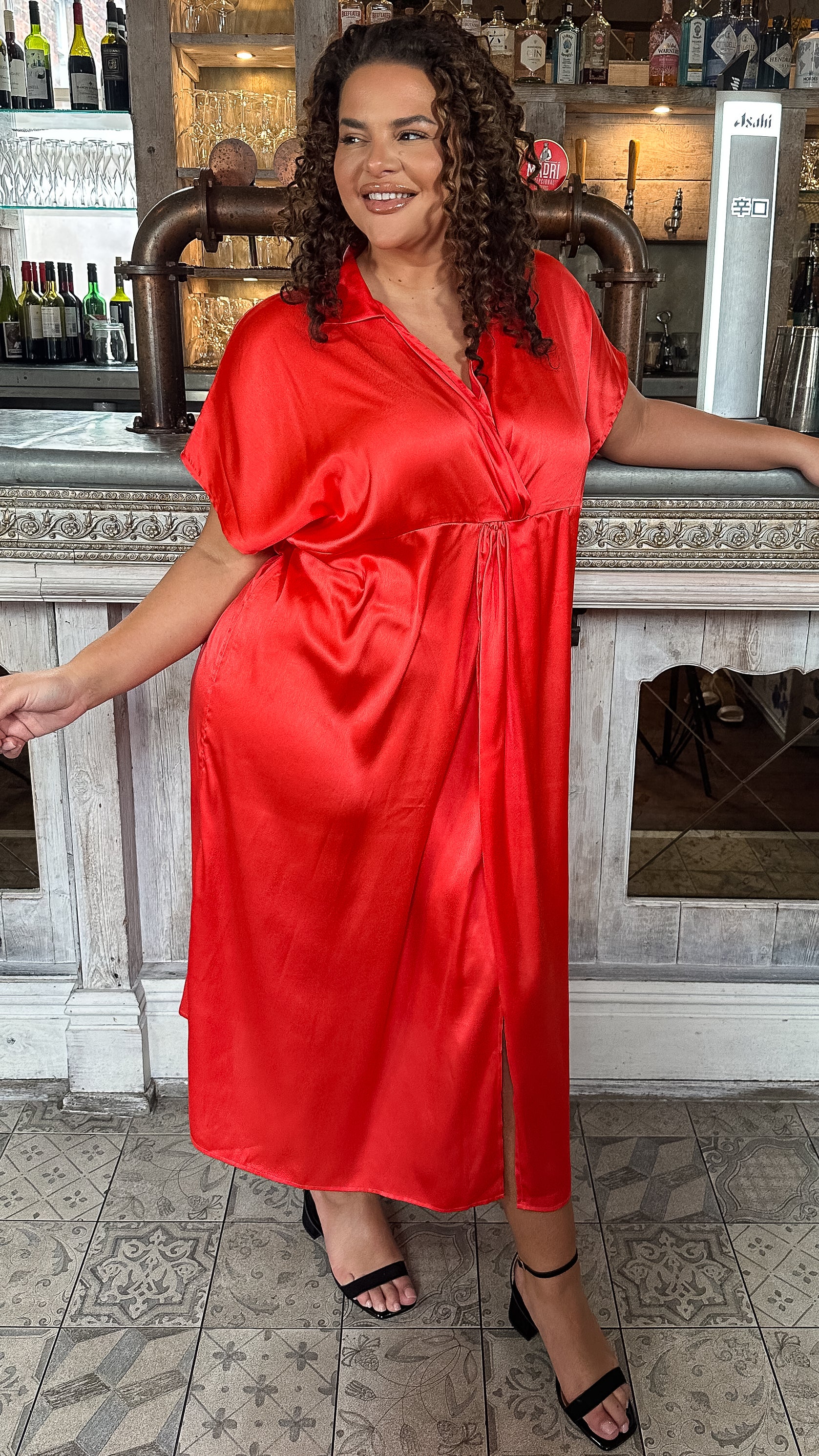 CurveWow Satin Twist Collared Dress Red