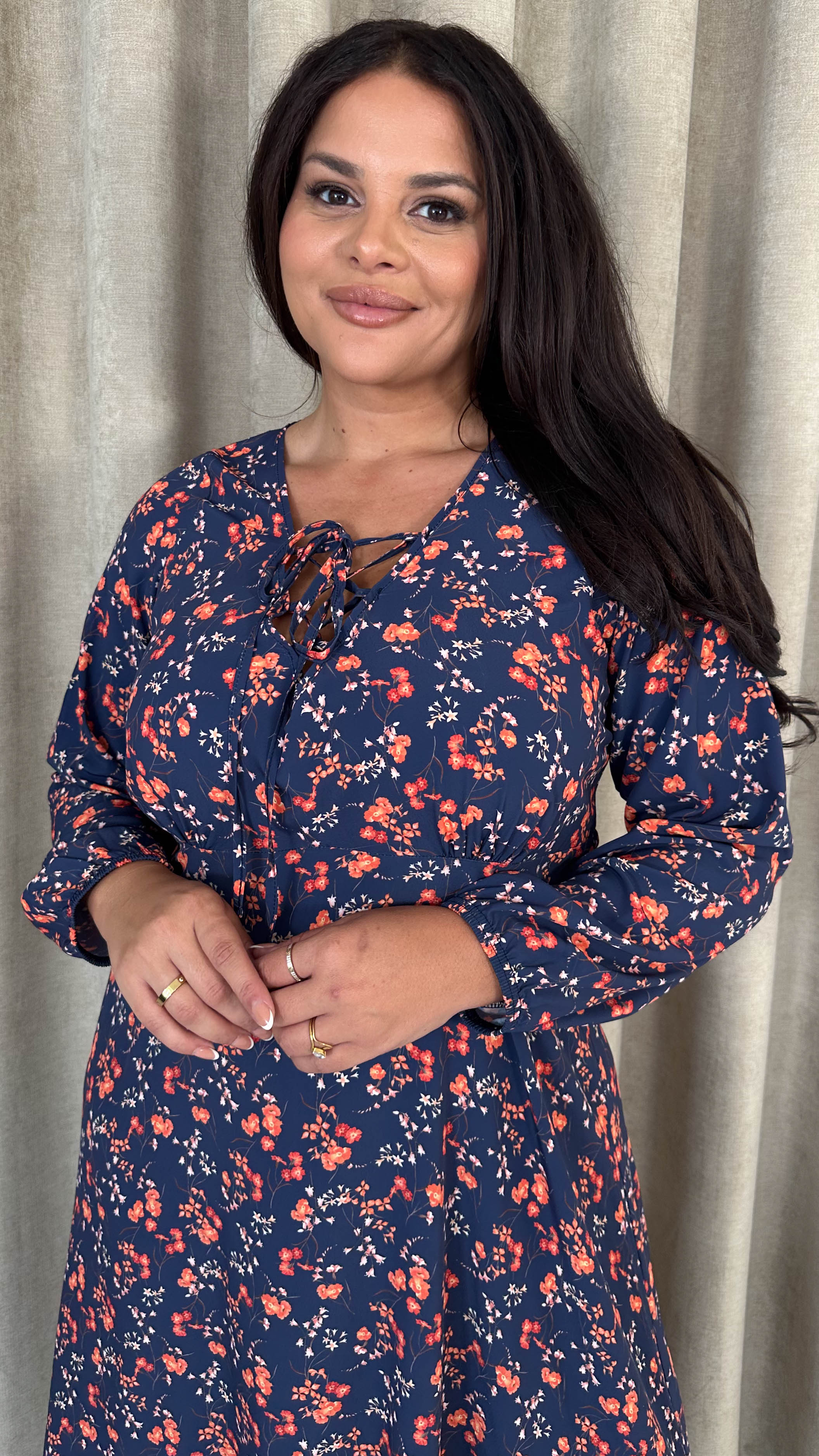 CurveWow Lace Front Frill Hem Midi Dress Navy Floral