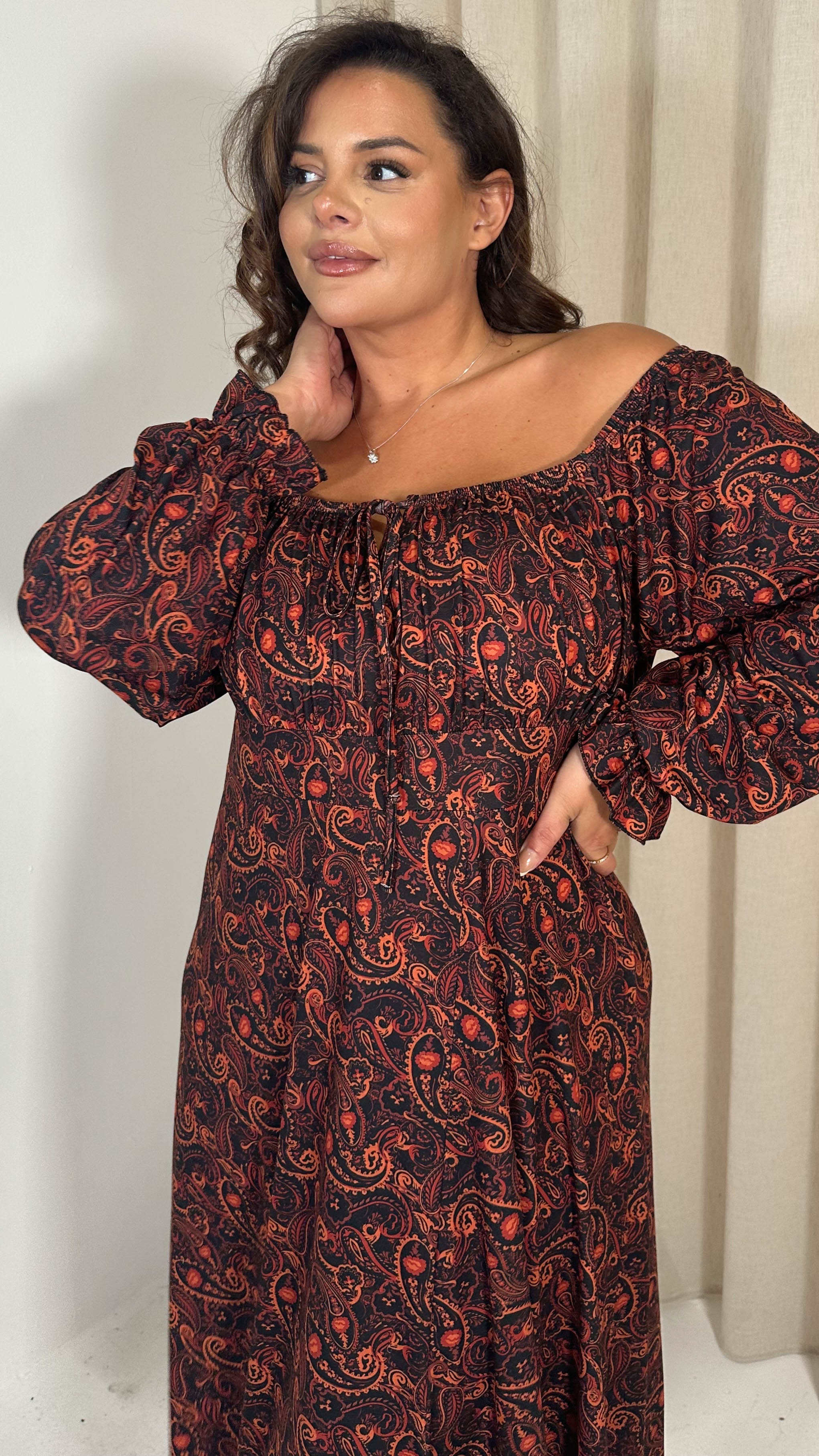 CurveWow Milkmaid Balloon Sleeve Midi Dress Rust Paisley