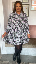 CurveWow Long Sleeve Button Front Frill Dress Black Floral