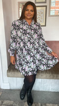CurveWow Long Sleeve Button Front Frill Dress Black Floral