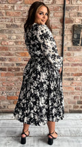 CurveWow Long Sleeve Floral Printed Pleated Midi Dress Black/Ivory