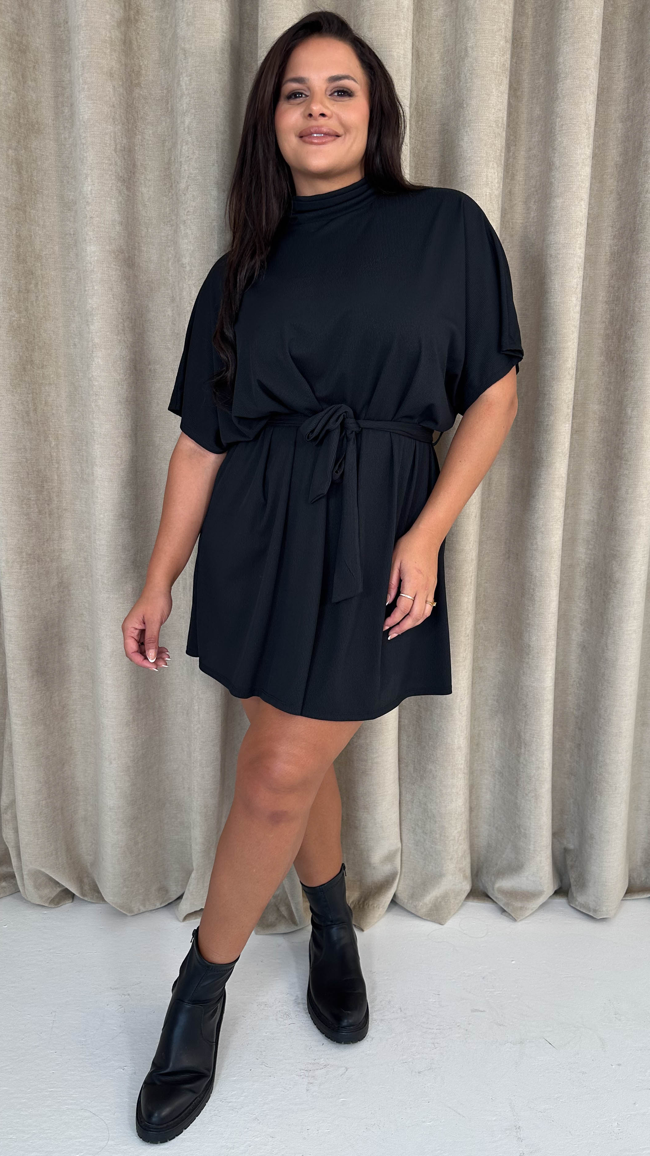 high neck tie waist dress Vila Curve Tie Waist High Neck knit Mini Dress in Black