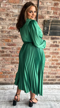 CurveWow Long Sleeve Pleated Midi Dress Green