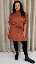 CurveWow High Neck Tie Waist Mini Dress Rust