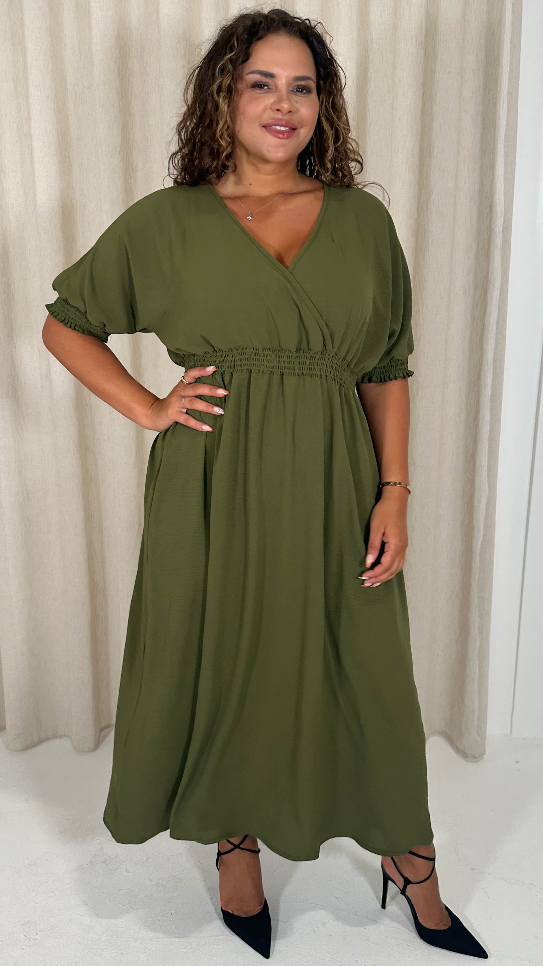 CurveWow Shirred Waist Cuff Midaxi Dress Khaki