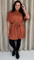 CurveWow High Neck Tie Waist Mini Dress Rust
