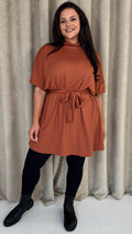 CurveWow High Neck Tie Waist Mini Dress Rust
