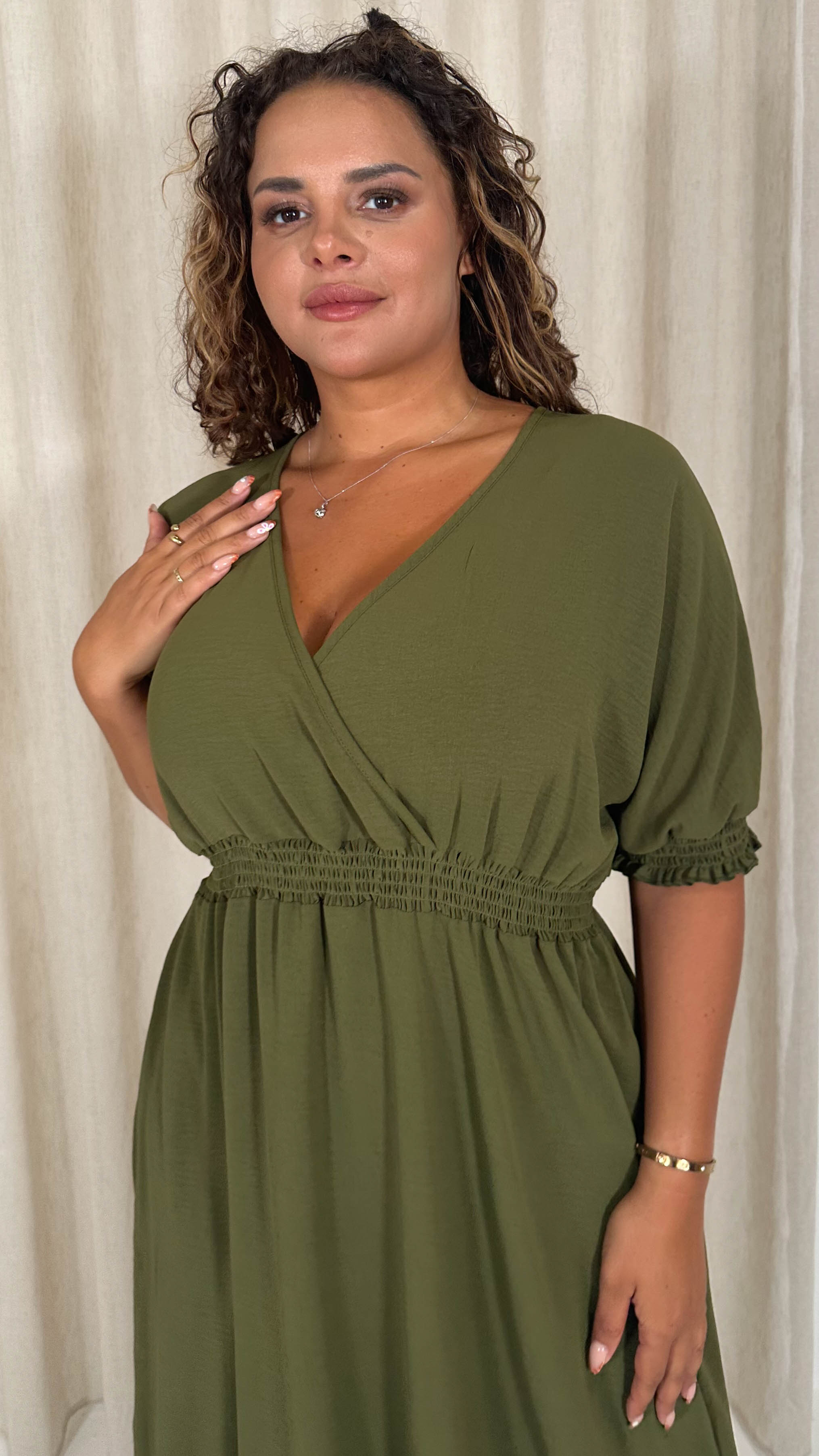 CurveWow Shirred Waist Cuff Midaxi Dress Khaki