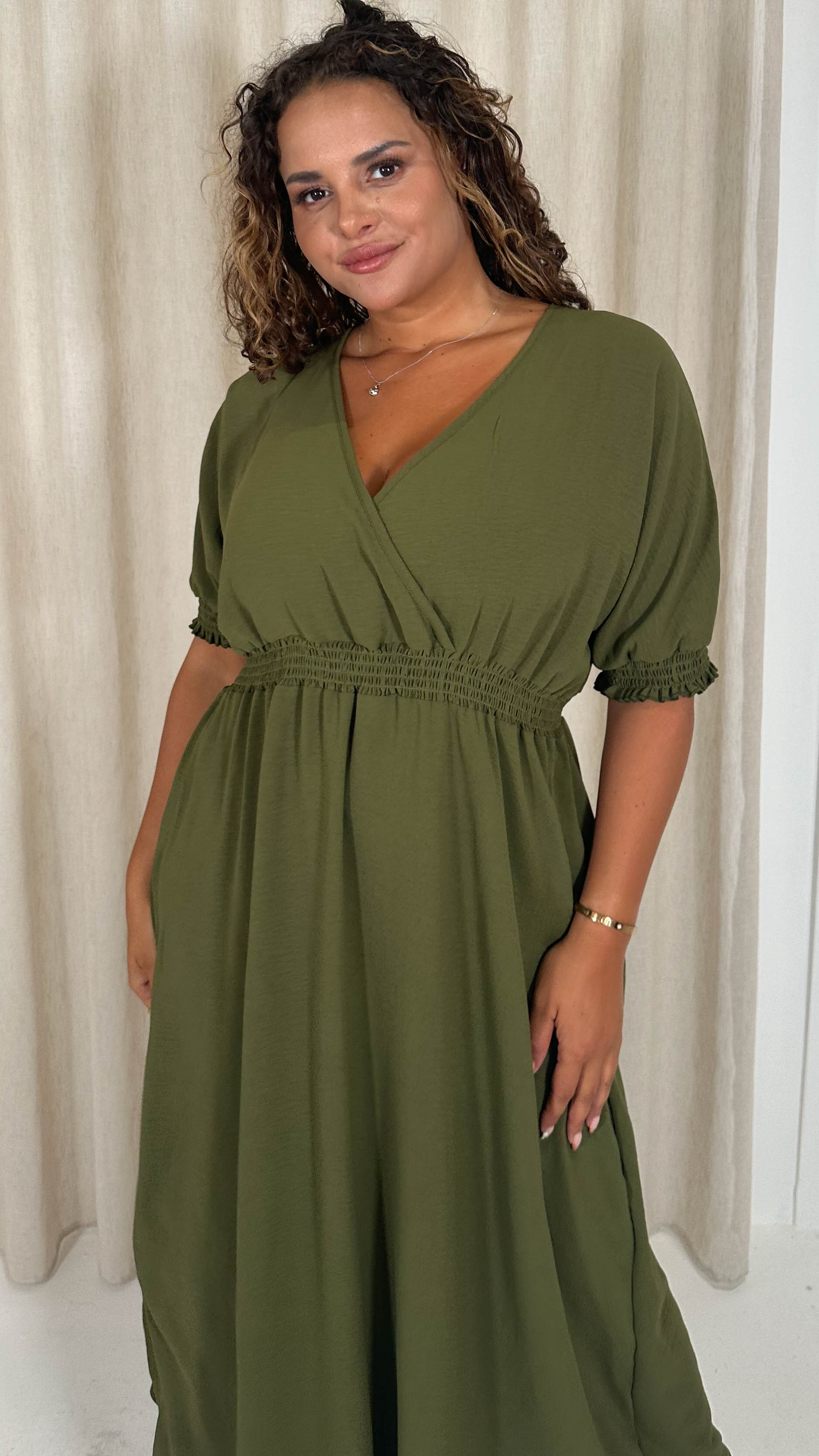 CurveWow Shirred Waist Cuff Midaxi Dress Khaki