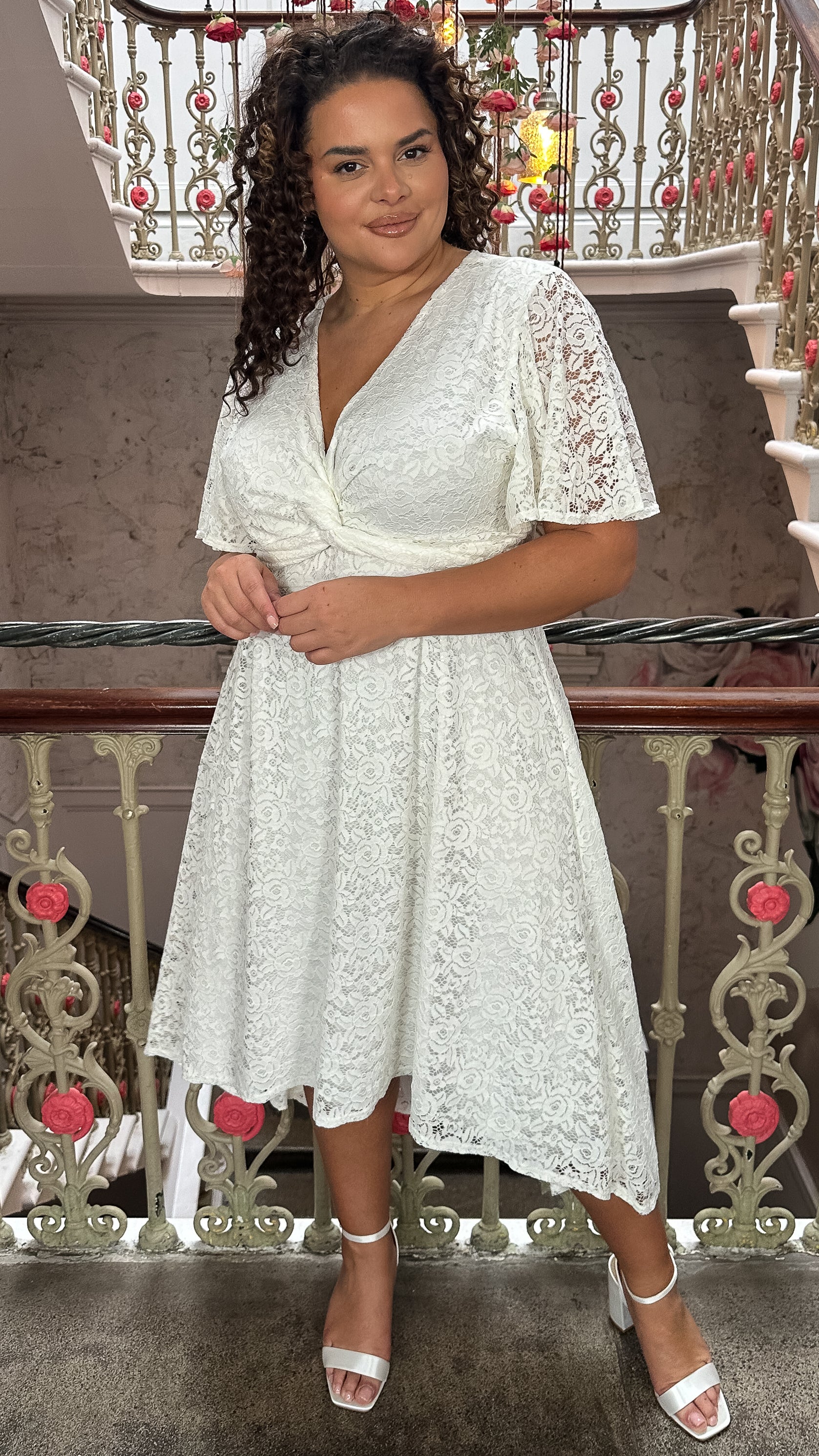 white lace dip hem dress Marguerite White Lace Dip Hem Midaxi Dress Frock and Frill