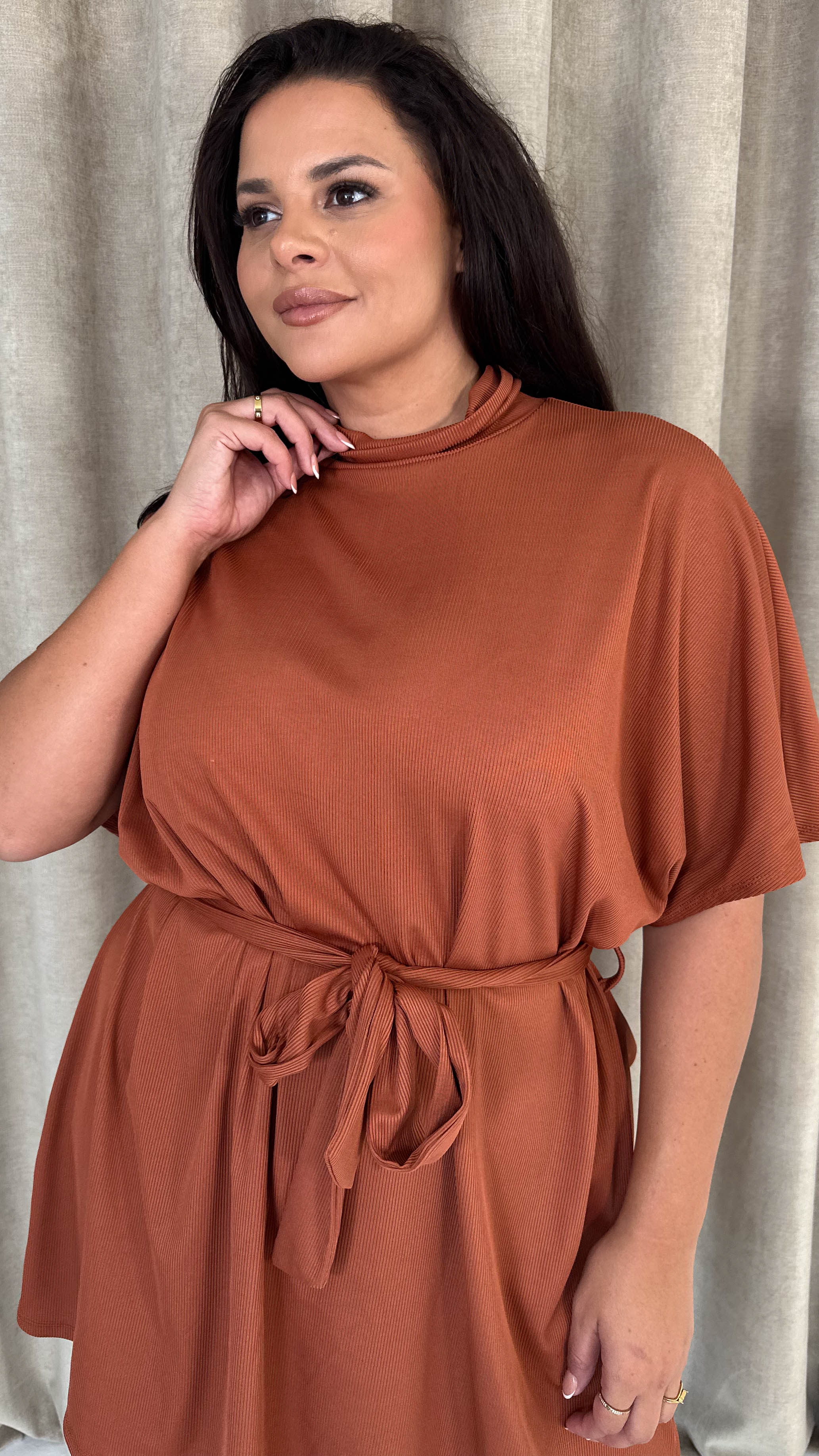 CurveWow High Neck Tie Waist Mini Dress Rust