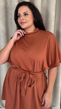 CurveWow High Neck Tie Waist Mini Dress Rust
