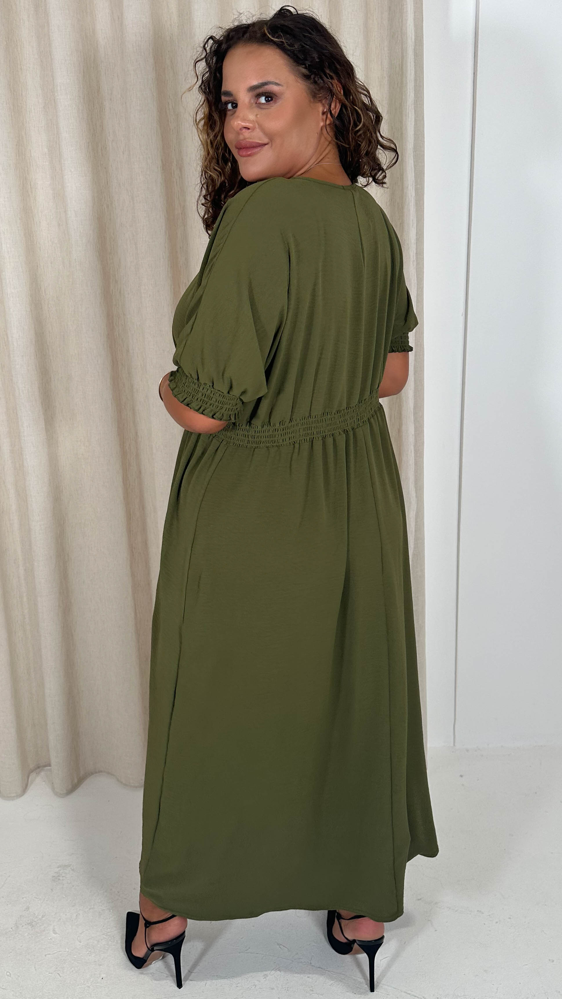 CurveWow Shirred Waist Cuff Midaxi Dress Khaki