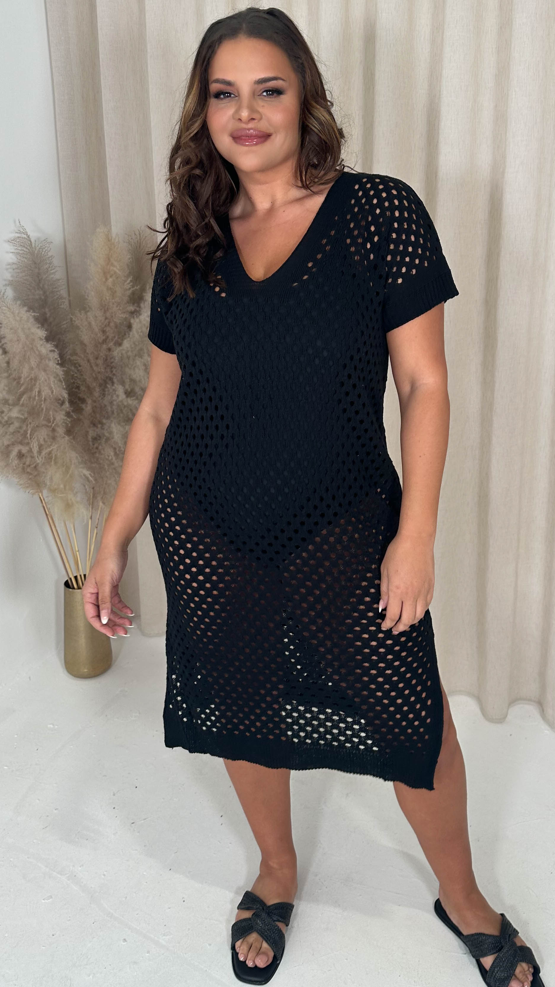 CurveWow Crochet Knitted V Neck Beach Dress Black Curvewow CurveWow Crochet Knitted V Neck Beach Dress Black Curvewow