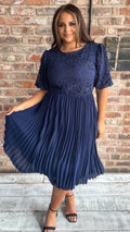 CurveWow Lace Top Pleated Dress Navy