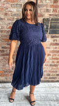 CurveWow Lace Top Pleated Dress Navy