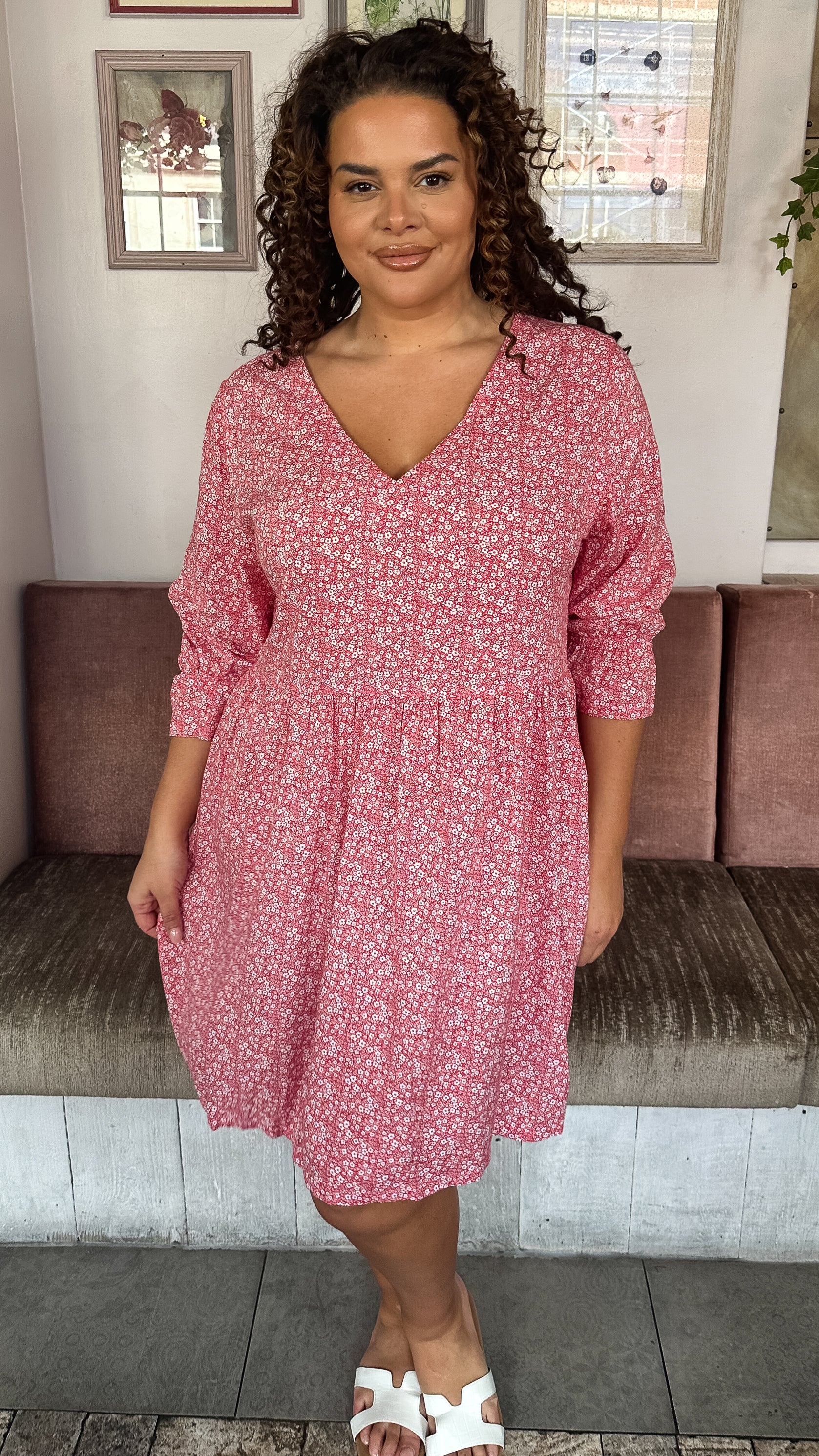 CurveWow Printed Smock Mini Dress Red Ditsy