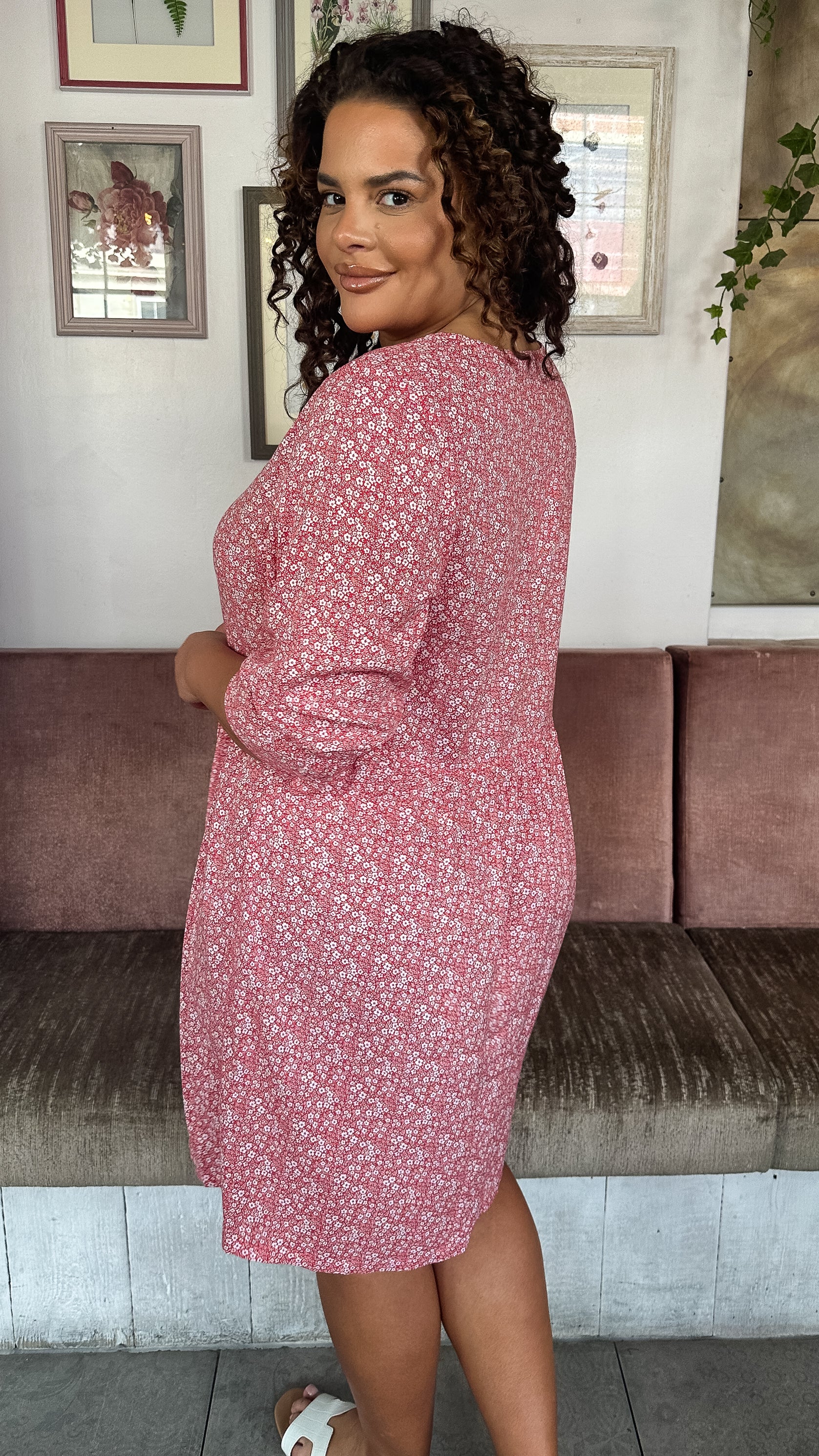 CurveWow Printed Smock Mini Dress Red Ditsy