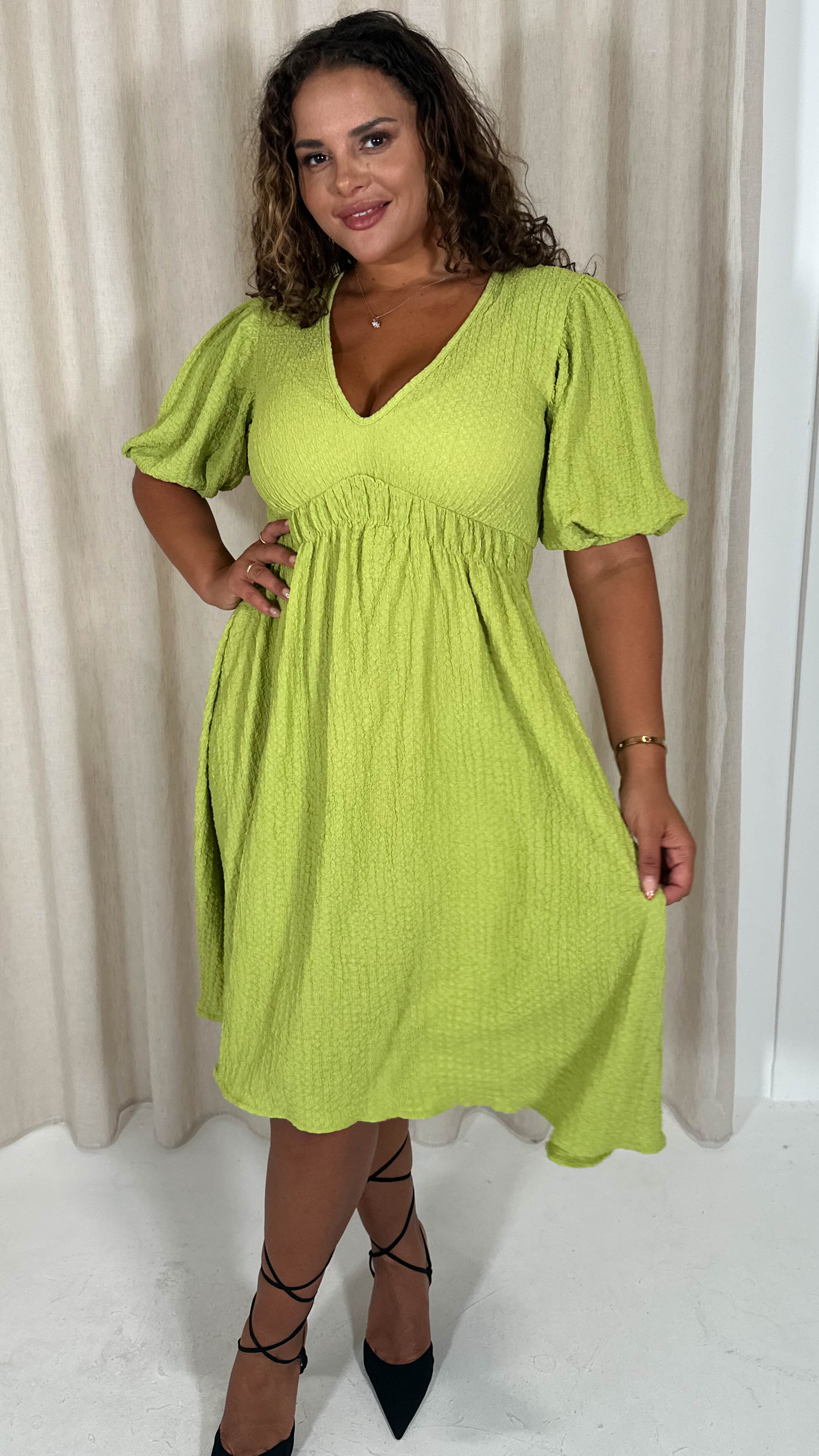 CurveWow Texture V Neck Midi Dress Lime