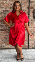 CurveWow Short Sleeve Wrap Front Collared Dress Red