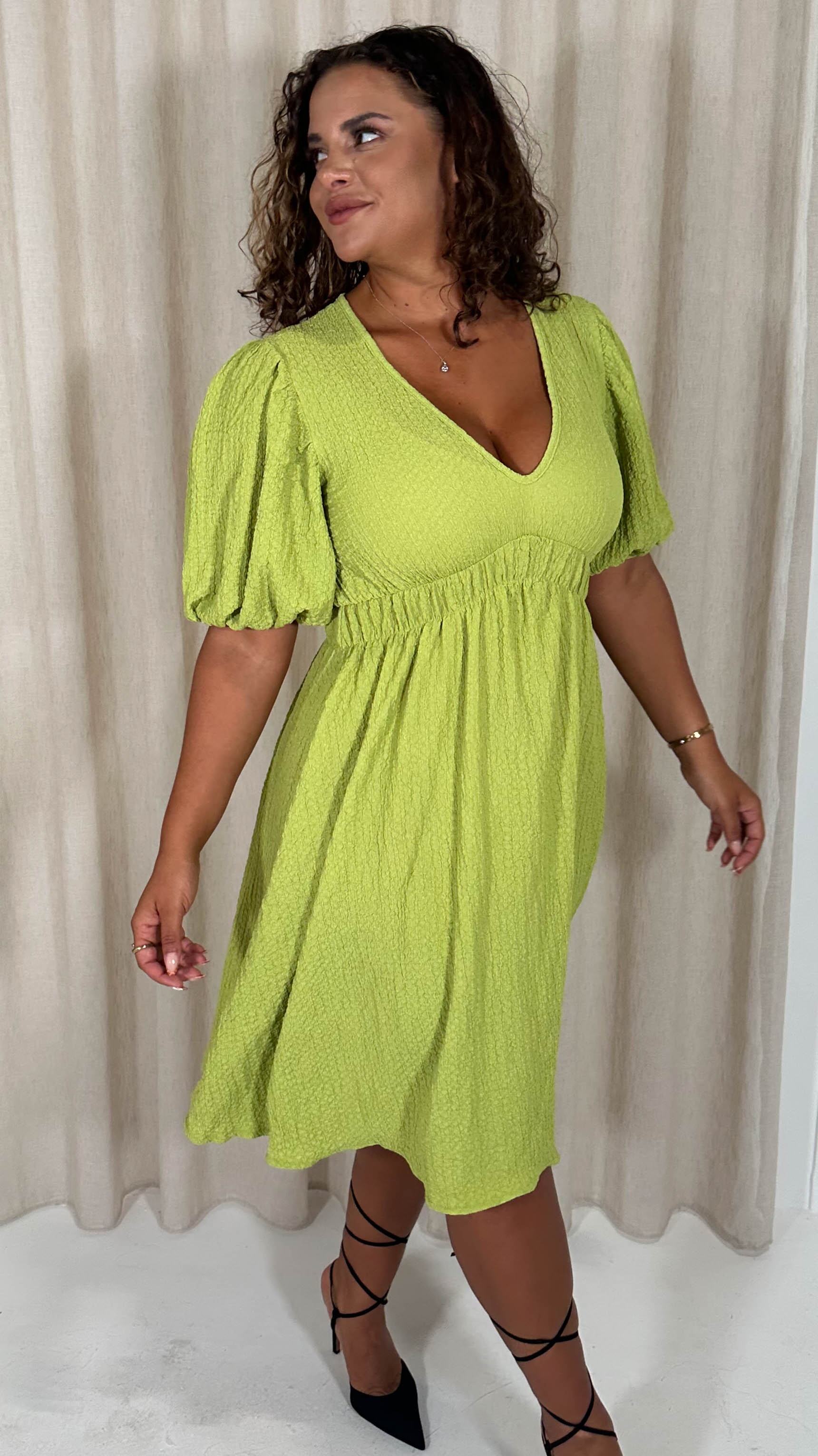 CurveWow Texture V Neck Midi Dress Lime