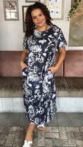 CurveWow Printed Pocket T-Shirt Dress Navy Butterfly