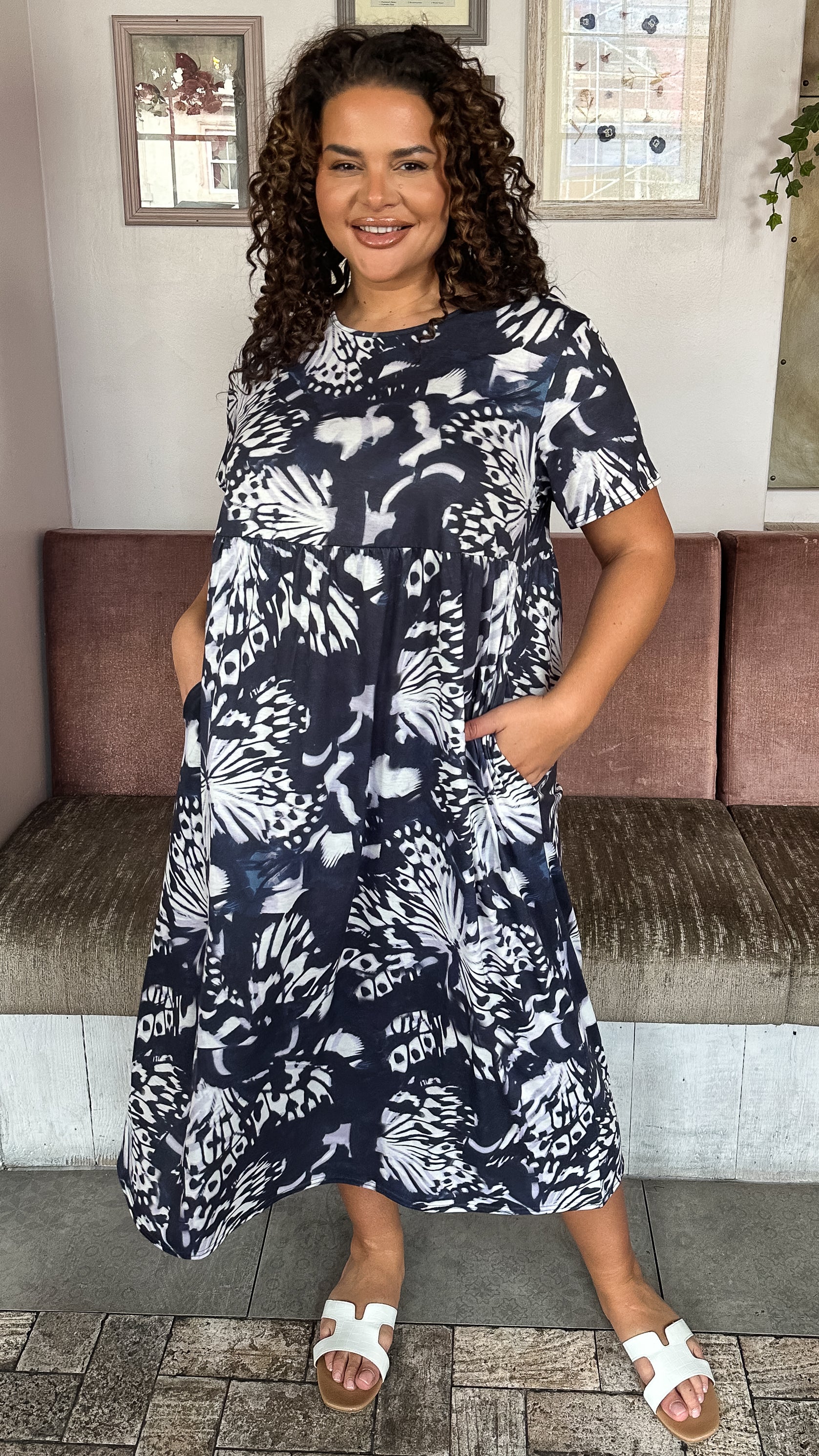 CurveWow Printed Pocket T-Shirt Dress Navy Butterfly