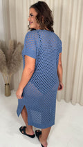 CurveWow Crochet Knitted V Neck Beach Dress Indigo Blue