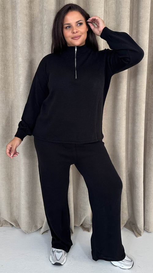 CurveWow Funnel Neck Zip Front Knitted Co-Ord Black