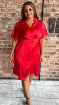 CurveWow Short Sleeve Wrap Front Collared Dress Red