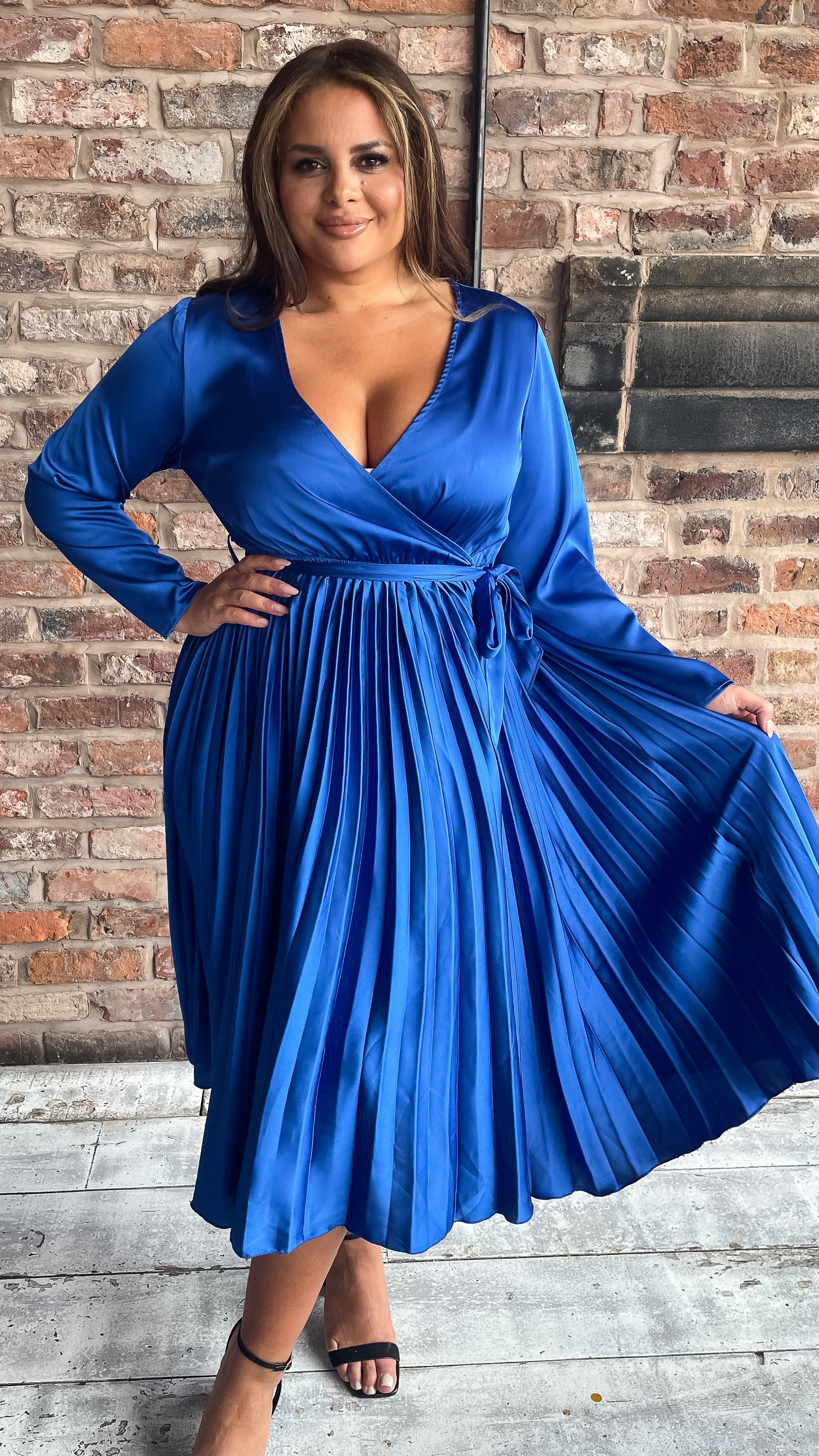 long sleeve pleated wrap dress Mila Long Sleeve Pleated Faux Wrap Dress